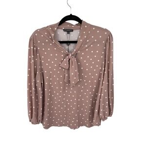 Adrianna Papell Blouse Polka Dot‎ Tie Neck Long Sleeve Top Size L